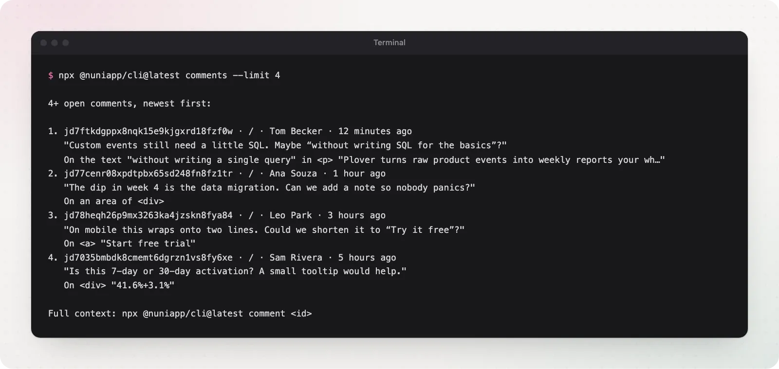 Terminal output listing four open Nuni comments with author, time, text and the element each one is on