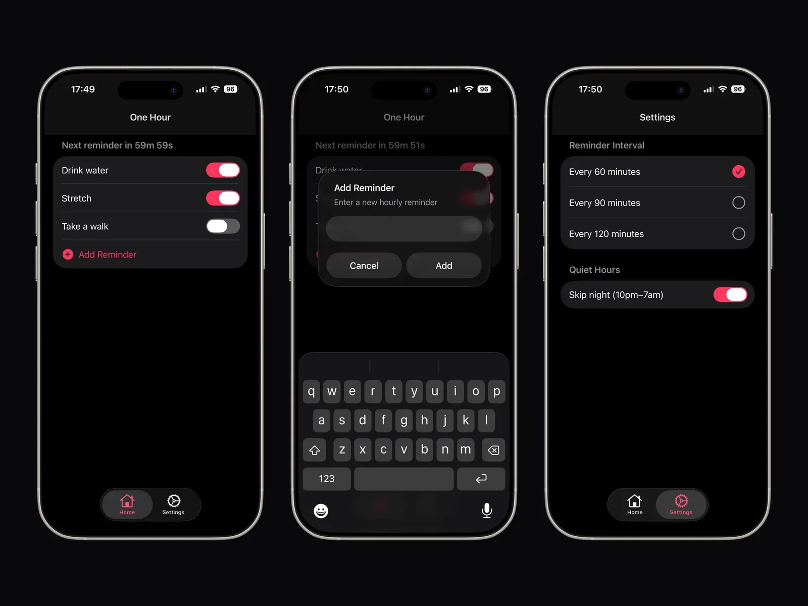 One Hour iPhone screens showing reminders, add flow, and settings.
