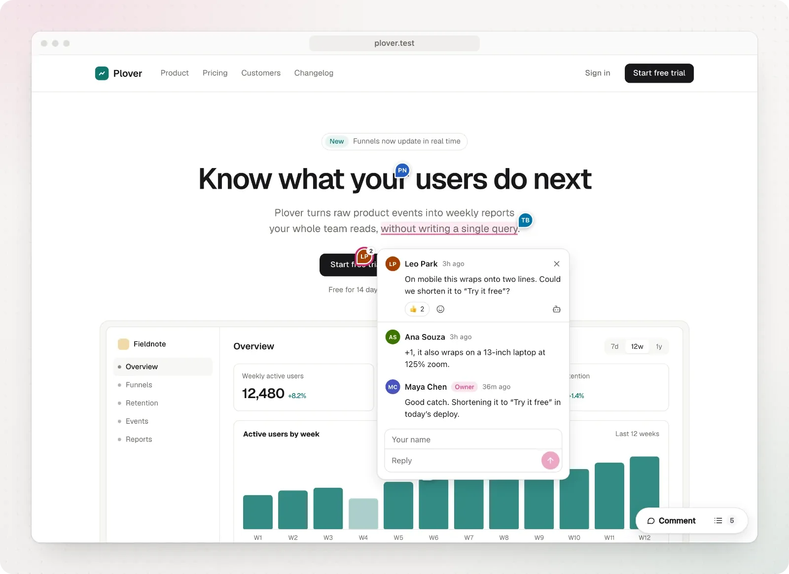 A comment thread pinned to the Start free trial button on a product site, with replies, a reaction and an owner reply