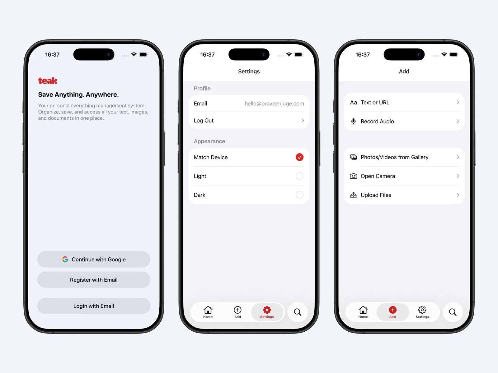 Teak iPhone screens showing authentication, settings, and add flows.