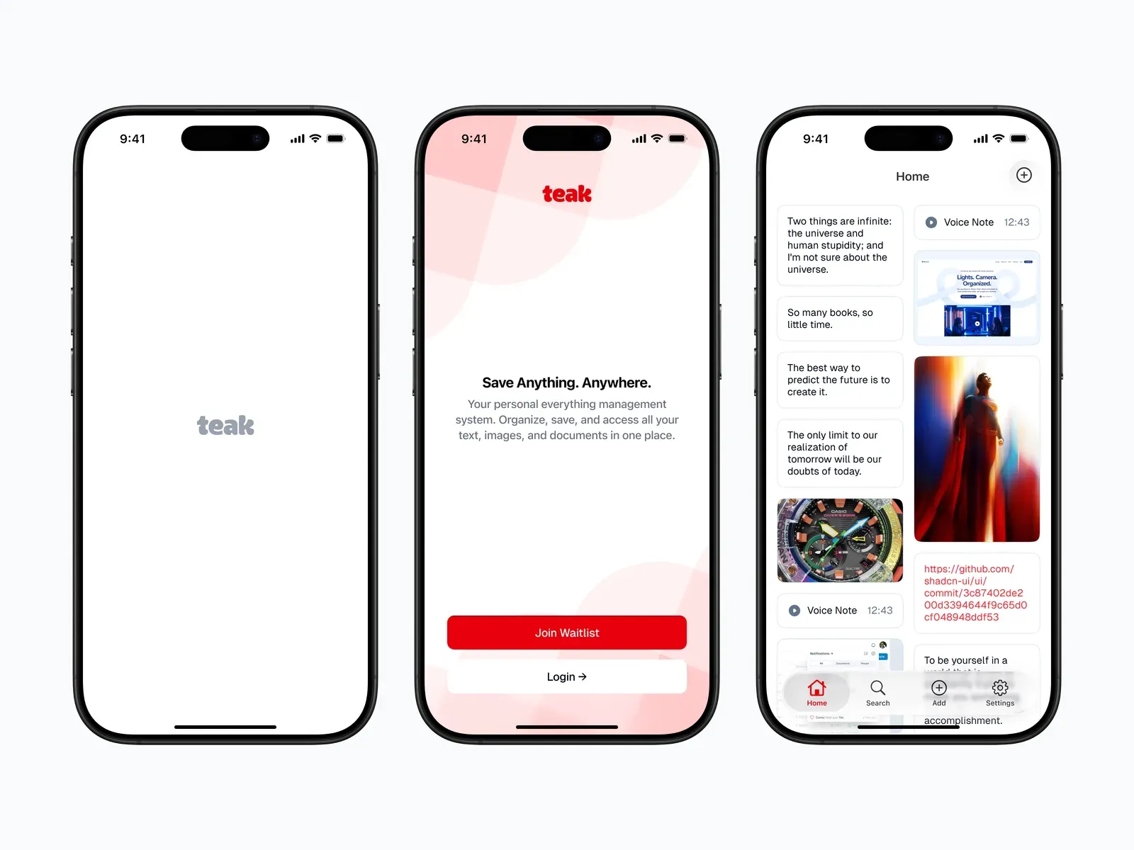 Teak onboarding and feed screens on iPhone.