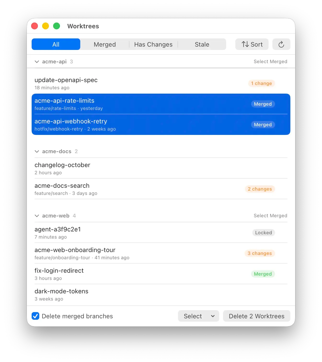 The Worktrees window listing worktrees grouped by repository, with Merged, changes and Locked pills